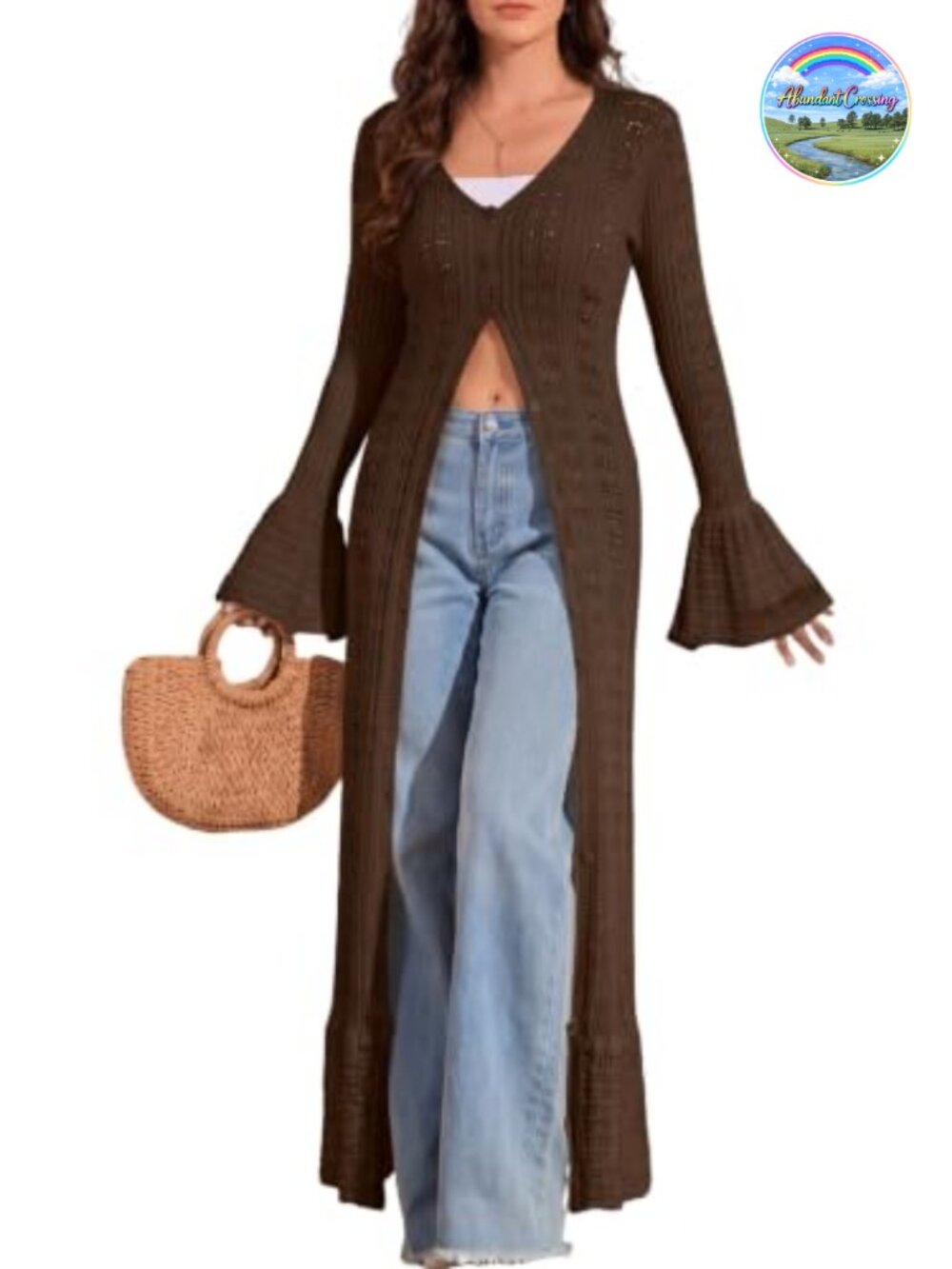 Lightweight Crochet Long Duster Cardigan Bell Sleeve Ruffle Hem Button Up